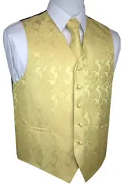 MEN'S GOLD PAISLEY TUXEDO VEST, TIE & HANKIE SET. FORMAL, DRESS, WEDDING, PROM