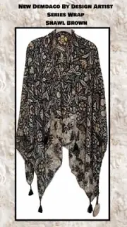 New Demdaco By Design Artist Series Wrap Shawl Brown Black Floral Design Tassels