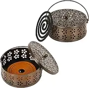 Whiidoom Retro Portable Iron Mosquito Coil Holder with Handle Round Fireproof Incense Holder (2 Pack Bronze)