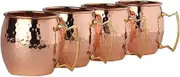 GRAINEX ENGINEER Pure Copper Hammered Moscow Mule Mug Cup with Golden Handle for Parties, Barware, 16 Oz Each, Set of 4