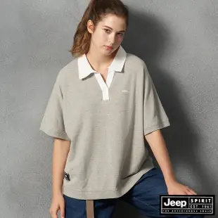 【JEEP】女裝 素面百搭寬版休閒V領POLO衫(灰)