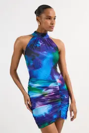 Printed Mesh Jersey High Neck Mini Dress
