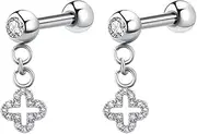 [Niaspi] Small 16G CZ Four Leaf Clover Dangle Stud Earrings for Women Dangling Stainless Steel Rhinestone Shamrock Cartilage Conch Helix Earrings Studs Screw Back Earring Cartilage Piercing Jewelry 6mm