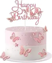 13-Piece Pink Butterfly Cake Toppers - 3D Cupcake Topper for Girls Women's Happy Birthday Cake Decorations - Party Decorations (Pink)