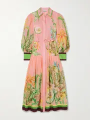 [ALÉMAIS] ALÉMAIS - Papaya Printed Linen Midi Shirt Dress - Pink - UK 8 UK 8 Pink