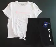 Champion Girl's T-Shirt & Shorts White Pink Black SIZE XL/16 Tie Front New