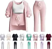 [Generic] Plush and Comfortable Ladies' Home Clothes Autumn Suits Casual Pajamas Set Comfortable Knitted Suit 3/4 Pieces, Pink-4, Small