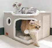 Spindro Large Cat Cave Bed for Indoor Cats, Foldable Pet House Cube with Scratch Pad, Kitten Condo Cat Hideaway Cute Hut with Soft Pillow Mat, Beige,17x17x13 inches
