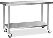 Cefito 1524x610mm Stainless Steel Kitchen Bench, Island Cart Trolley Work Table, 4 Wheels Commercial 430 Food Grade Restaurant Prep Storage with 2-Layers Shelf Countertop