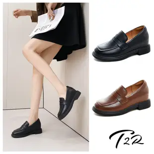 T2R-正韓空運-真皮造型低跟學生鞋-增高約6公分-黑/咖啡
