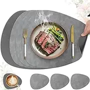 Set of 4 Placemats Made of Imitation Leather, Washable and Waterproof, Leather Look Placemats with Coasters, Table Coasters Double-Sided Non-Slip (Oval, Grey + Dark Grey)