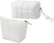 Homiliky 2PCS Cute Makeup Bag,Quilted Cosmetic Bag|Cotton Make Up Bag|Cloud Quilted Makeup Bag|Zipper Large Solid Color Travel Toiletry Bag Cosmetic Pouch,Storage Pouches for Organization (White)