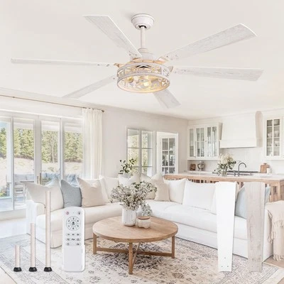 65 Inch Ceiling Fan with Lights Farmhouse Caged Ceiling Fans with Remote Whit...