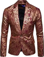 [Aosufei] Men's Blazer Stylish Print Floral Suit Jacket Lightweight Wedding Tuxedo Jacket Lapel One Button Suit Coat, Wine Red1, Medium