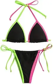[YANYUESHOP] Patchwork Thong Micro Bikinis Women Sexy Bandage Bikini Set Push Up Padded Brazilian Swimwear High Waist Beachwear Swimsuit (Color : Black, Size : Medium)