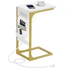 C Shaped End Table with Charging Station, Side Table for 1 White and Gold