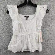 Aqua Eyelet Trim Top Girls' M (9/10) White Pullover Styling Flutter Sleeve