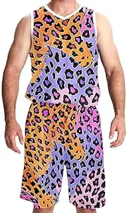 [KQNZT] Basketball Jersey for Men, Outfit Tank Top Track Shorts, Athletic Shirts for Team Scrimmage, Leopard Print Color Artistic
