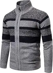[Gsywaipei] Mens Collar Knitted Jacket Zip Up Long Sleeve Male Knit Sweater Coat Casual Stripe Slim Fit Knits Cardigan, Light Grey, L