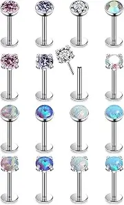 [Lsnevsie] 16G 18G 20G Threadless Flat Back Nose Ring Studs Earrings 316L Surgical Steel Tragus Helix Cartilage Earrings Medusa Labret Lip Rings Piercing Jewelry For Women Men Opal CZ 2mm 3mm