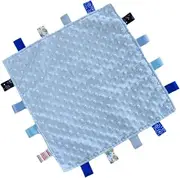 Gum & Berries Baby Taggie Comforter Baby Comfort Blanket with Sensory Tags and Bubble Soft Touch Foil Print Pattern Soft Sherpa Satin Back Pram Blanket Crib Wrap Blue 35 cm x 35 cm