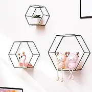 Lvpradior Floating Shelves Wall Mounted Shelf, 3Pcs Metal Hanging Storage Shelves for Wall, Geometric Hexagon Shaped Floating Wall Shelves Decor for Bedroom Living Room Kitchen Office (Black)