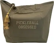 Quilted Koala Pickleball Tote Olive with Gold Tone Tassle and Gold Glitter Feature, Black