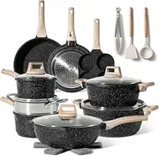 Just Perfecto Set of 21 Pots and Pans, Non-Stick Cookware Set, White Granite Induction Cookware Non-Stick Set with Frying Pans and Saucepans (PFOS, PFOA Free)