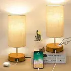 Wooden Bedside Lamps Set of 2 with USB A+C Charging Port Touch Control Table Lam