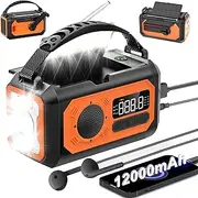 12000mAh Emergency Radio, Hand Crank Radio, Portable Weather Alert Radio AM/FM/NOAA, Solar Radio with Flashlight, Reading Lamp, SOS Alarm, Power Bank, for Home & Outdoor Emergency(Orange)