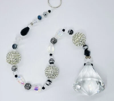 Beaded Suncatcher - Black Silver Clear Crystal Triangular Prism - Hanging Decor