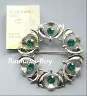 Art Pewter PLAID BROOCH THISTLE 6 FAUX EMERALD GREEN STONES MADE IN SCOTLAND NEW
