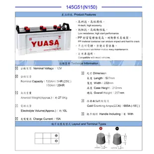 湯淺【145G51】全新現貨 N150 75D23L 55B24L 加水式 汽車 汽車電池 電瓶 韓國進口 YUASA