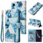 For Apple iPhone XR Case Marble Painting Pattern With Lanyard Flip Wallet Case Leather Card Slots Stand Cover (Blue Gilding)