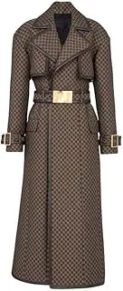 [PTBNRDC] Women's Fashion Leather Coat - Belted Small Check Pattern Long Trench Coat