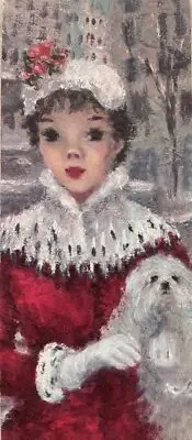 NOS Hallmark 60s Cosmopolitan Fancy Lady Ermine Fur Puppy Vtg XMAS Card UNUSED