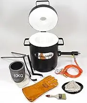 DEVIL-FORGE Propane Furnace FB2Mb Full Kit - 10Kg, Crucible, Tongs, Heat Resistant Gloves, 1 DFC Burner (180.000 BTU) Foundry Jewelers Metalsmiths Refiners 2642°F/1450°C Brass Copper Bronze Silver etc