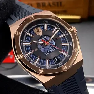 FERRARI 法拉利男女通用錶 44mm 玫瑰金八角形精鋼錶殼 深藍色鏤空, 中三針顯示, 運動錶面款 FE00054