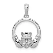14k White Gold Real Diamond Claddagh Circle Pendant