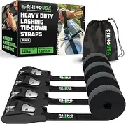 Rhino USA Lashing Straps Cargo Tie Downs (4PK) - 1,320lb lab Inspected Max Break Strength, Includes (4) Heavy Duty 1in x 12ft Cam Buckle Pull Straps. Best for Kayak, Cooler, Cargo
