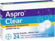 Aspro Clear Regular Strength 24 Soluble Effervescent Tablets 300mg Pain Relief