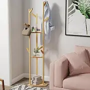 Medla Bamboo Coat Stand Rack: Corner Clothes Hanger with Shelf Wooden Coat Tree with 10 Hanging Hooks for Hallway Bedroom Entryway