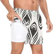[GuoChe] Swim Trunks for Men Men Double Layer Running Shorts Black Peacock Bird with Pockets and Compression Liner Yoga Shorts