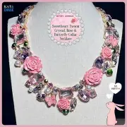 Betsey Johnson Butterfly Rose Collar Necklace 14" Sweetheart Swoon Enamel Glass