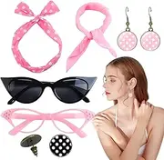 [Generic] 50s Accessories for Girls | 1950s Outfit with Headbands and Drop Earrings,Print Dangle Earrings with Vintage Hair Bands, Chiffon Scarf, Cat Eye Glasses