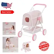 2-in-1 Pink Polka Dot Doll Stroller with Detachable Toy Pet Carrier - Ages 3+