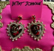 Betsey Johnson Vintage Royal Engagement Red Leopard Lucite Heart Crown Earrings