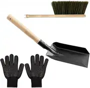 Fireplace Ash Shovel and Brush Set with Shovel, Natural Wood Stove Brush, Black Silicone Gloves, Fireplace Tools, Fire Pit Tools for Fireplace Wood Stove Stove Cleaning