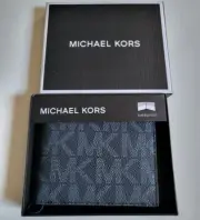 MICHAEL KORS Slim Bifold Wallet Allover MK logo Navy Blue Monogram Logo