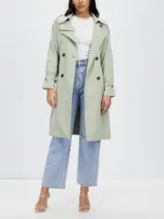 Women's Double Breasted Trench Coat Long Trench Coat Slim Fitting Jacket with Belt - Velvet Coat-Light cyan